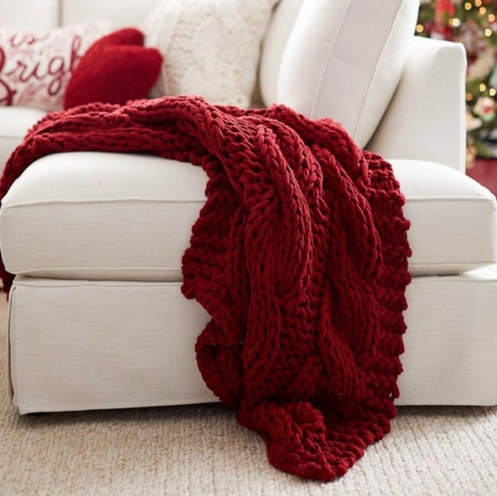 Pottery Barn Chunky Knit Throw Blanket Cardinal Red Braided Acrylic 44"x56"